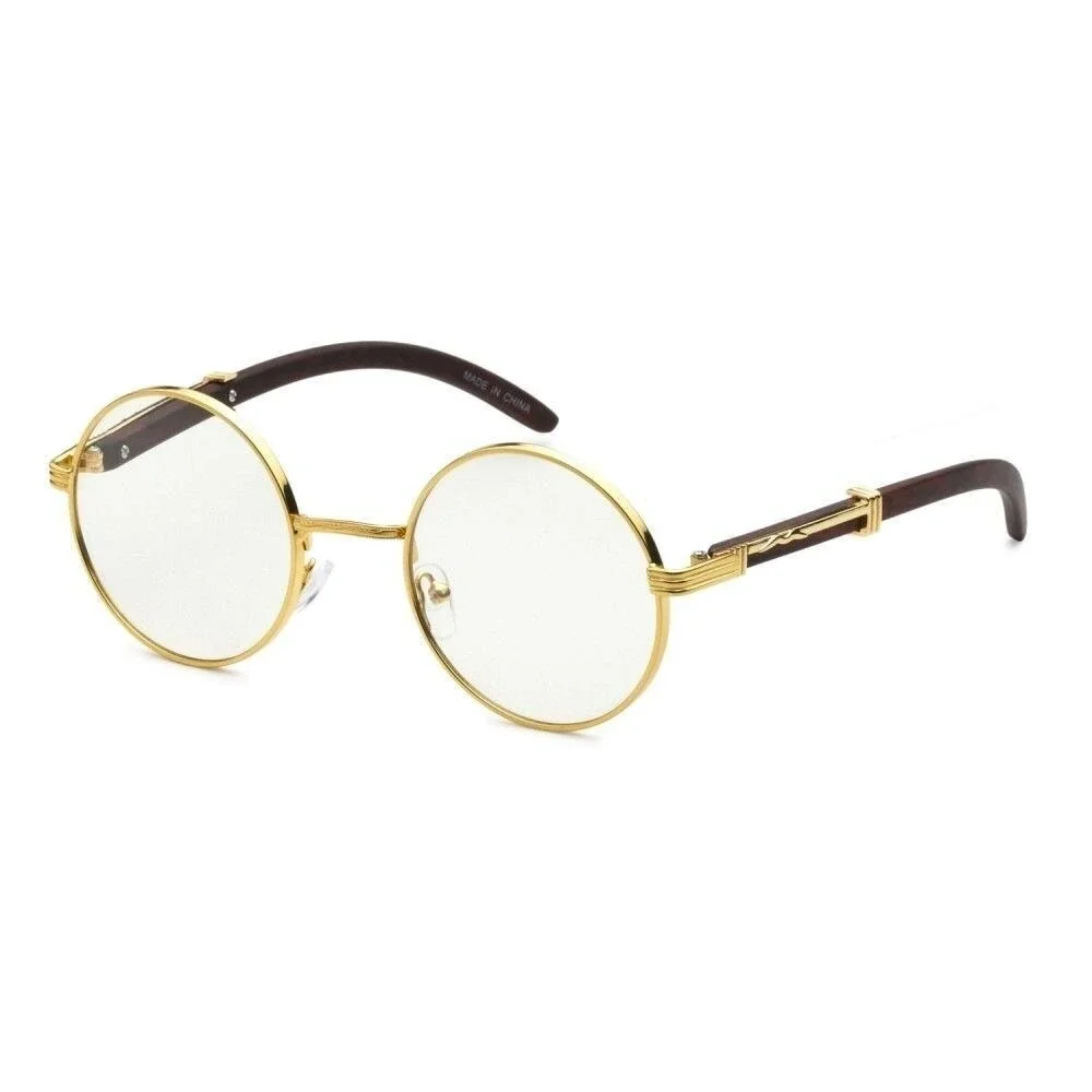 Round Clear Lens Gold Glasses Wood Buffs Stylish Fashion Eyeglasses UV400 Street